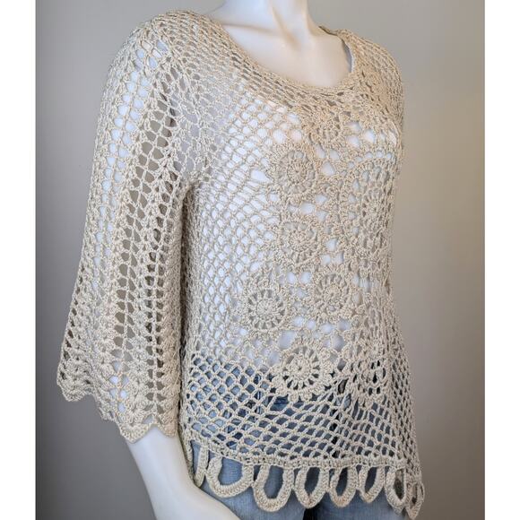 New Westport 1962 Crochet Tunic Top Large Beige Open Knit Boho Coastal Festival - Picture 2 of 11